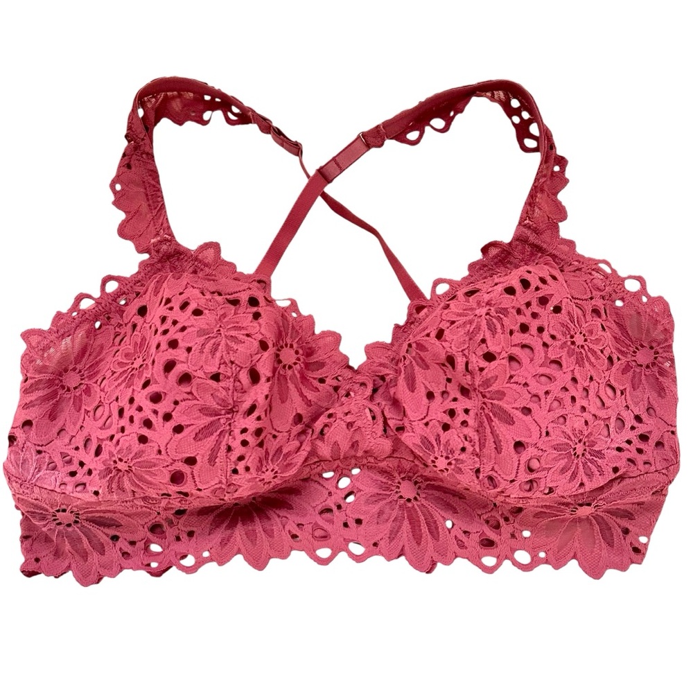 Aerie Lace Bralette Sz XL‎ Dusty Rose Floral Triangle Wireless Adjustable Padded
